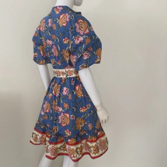 JOIE Baja Floral Puff Sleeve Belted Dress Blue Multi Size 16 NWT - Picture 2 of 10